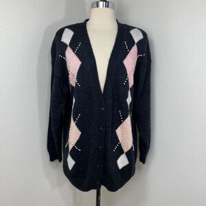 Vintage Black Pink Beaded Argyle Cardigan Sweater Med Academia Preppy Old Money